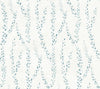 The Alpenrose Vine Wallpaper by York Wallcoverings features a soft, nature-inspired design with a repeating pattern of delicate blue-green leafy vines set against a light, textured background.