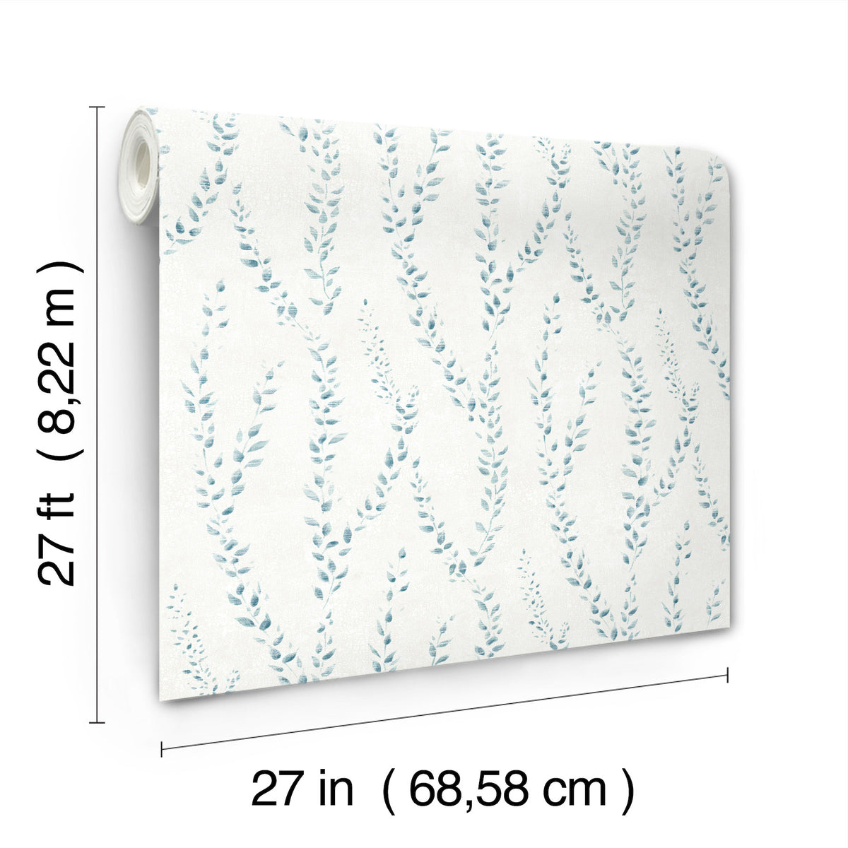 The Alpenrose Vine Wallpaper by York Wallcoverings features a blue leafy pattern on a white background and comes in rolls measuring 27 feet (8.22 m) long by 27 inches (68.58 cm) wide.