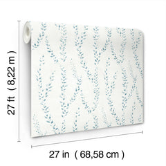 The Alpenrose Vine Wallpaper by York Wallcoverings features a blue leafy pattern on a white background and comes in rolls measuring 27 feet (8.22 m) long by 27 inches (68.58 cm) wide.