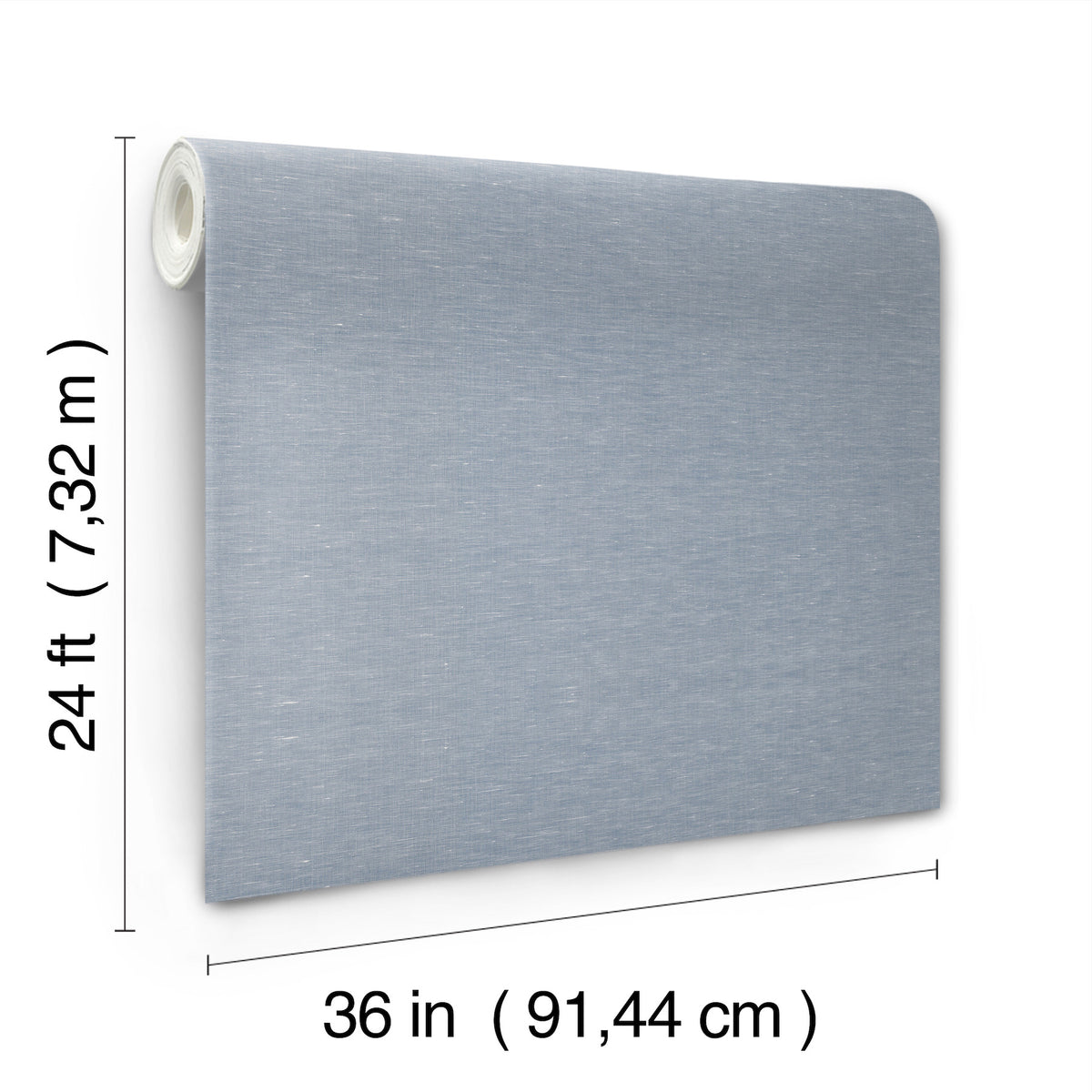 A roll of York Wallcoverings Hempfield Weave Loomed Wallpaper in light blue is displayed unrolled against a white background, with labeled dimensions: 24 ft (7.32 m) tall and 36 in (91.44 cm) wide.