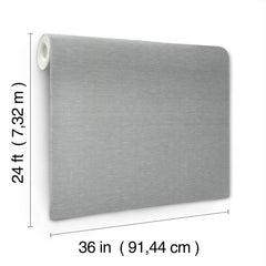 The pictured roll of York Wallcoverings’ Hempfield Weave Loomed Wallpaper in light gray measures 24 feet (7.32 meters) high by 36 inches (91.44 centimeters) wide, with labeled dimensions shown.