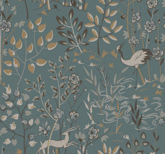 Aspen Wallpaper featuring a pattern of a crane, a leaping deer, and stylized trees and flowers in muted blue, beige, and brown tones.
