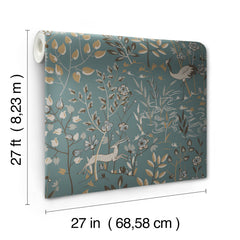 Aspen Wallpaper in blue, featuring a repeating nature pattern of trees, flowers, a crane, and an antelope.