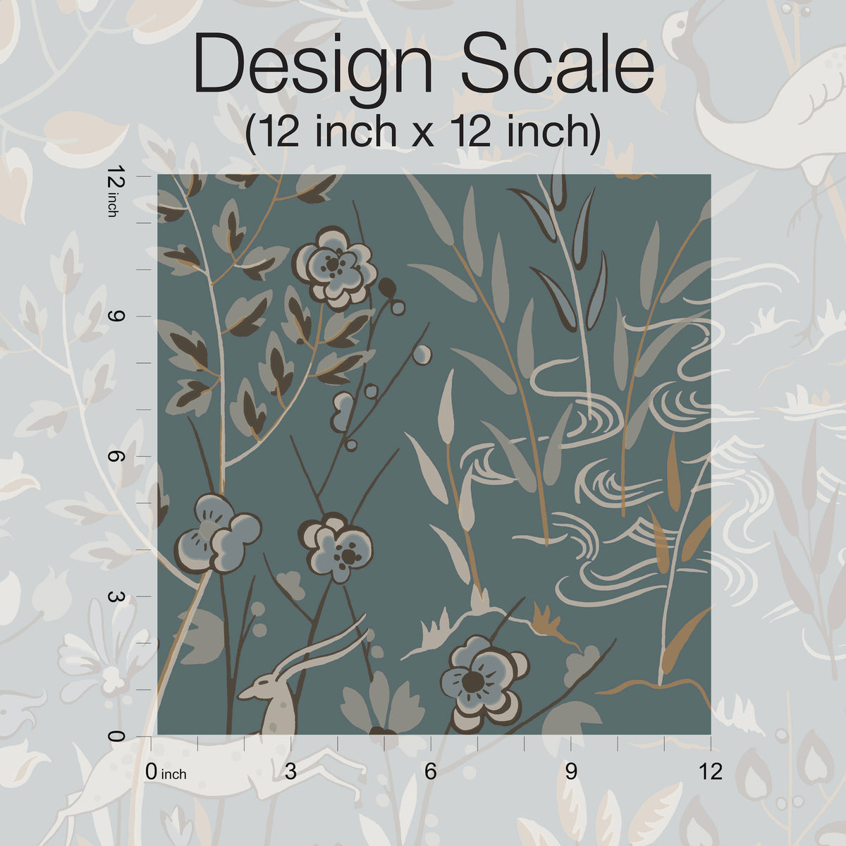 Aspen Wallpaper sample showing a teal background with a pattern of stylized flowers, reeds, and a deer, with a 12-inch square ruler overlay for scale.