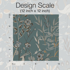 Aspen Wallpaper sample showing a teal background with a pattern of stylized flowers, reeds, and a deer, with a 12-inch square ruler overlay for scale.
