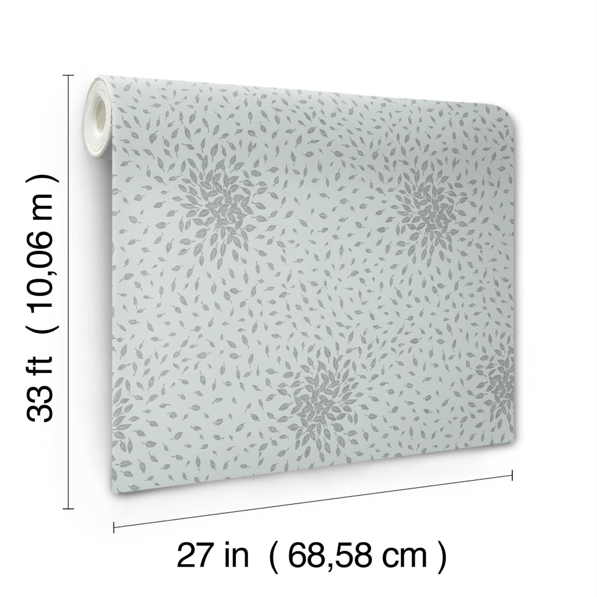 A rolled-up Petite Leaves Wallpaper by York Wallcoverings, featuring a gray leaf pattern, measuring 33 feet (10.06 meters) long and 27 inches (68.58 cm) wide. The dimensions are indicated with arrows and text.