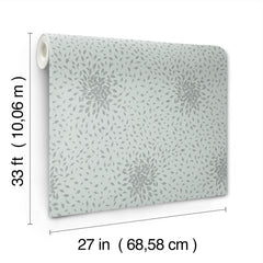 A rolled-up Petite Leaves Wallpaper by York Wallcoverings, featuring a gray leaf pattern, measuring 33 feet (10.06 meters) long and 27 inches (68.58 cm) wide. The dimensions are indicated with arrows and text.