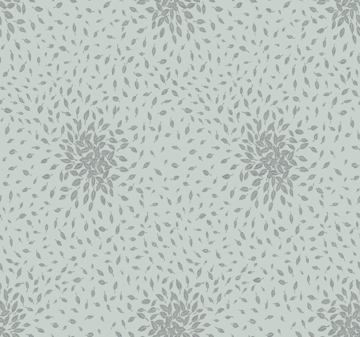 Introducing “Petite Leaves Wallpaper” from York Wallcoverings, featuring a seamless pattern of scattered gray leaves arranged in circular clusters on a light gray background. The repetitive and evenly spaced design creates a subtle, elegant look that’s perfect for wallpaper or fabric applications.