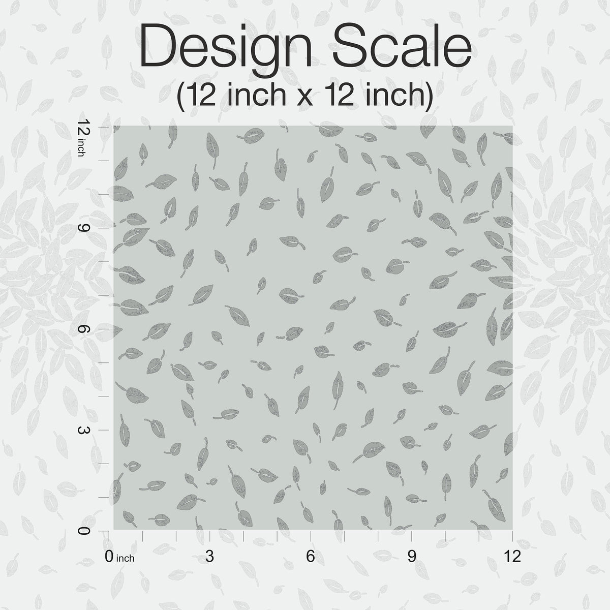 Gray square featuring York Wallcoverings’ Petite Leaves Wallpaper, with a scattered hand-drawn leaves pattern set on a 12x12 inch grid. The title reads Design Scale (12 inch x 12 inch). A faded leaves motif appears in the background, and numbers label the axes.