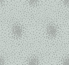 Petite Leaves Wallpaper by York Wallcoverings features a soft, repetitive botanical design of small, scattered gray leaves forming circular clusters on a pale blue background.