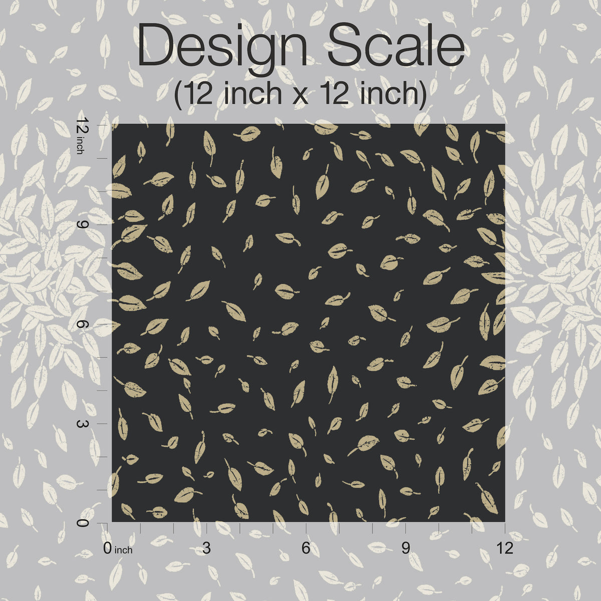 A 12x12 inch square sample of the Petite Leaves Wallpaper by York Wallcoverings features a repeating beige leaf pattern on a black background, with inch markers on all sides and “Design Scale (12 inch x 12 inch)” marked at the top.