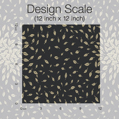 A 12x12 inch square sample of the Petite Leaves Wallpaper by York Wallcoverings features a repeating beige leaf pattern on a black background, with inch markers on all sides and “Design Scale (12 inch x 12 inch)” marked at the top.