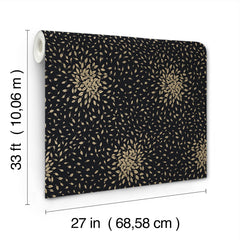 The Petite Leaves Wallpaper by York Wallcoverings features a black background with a gold leaf pattern and measures 33 ft (10.06 m) long by 27 in (68.58 cm) wide per roll.