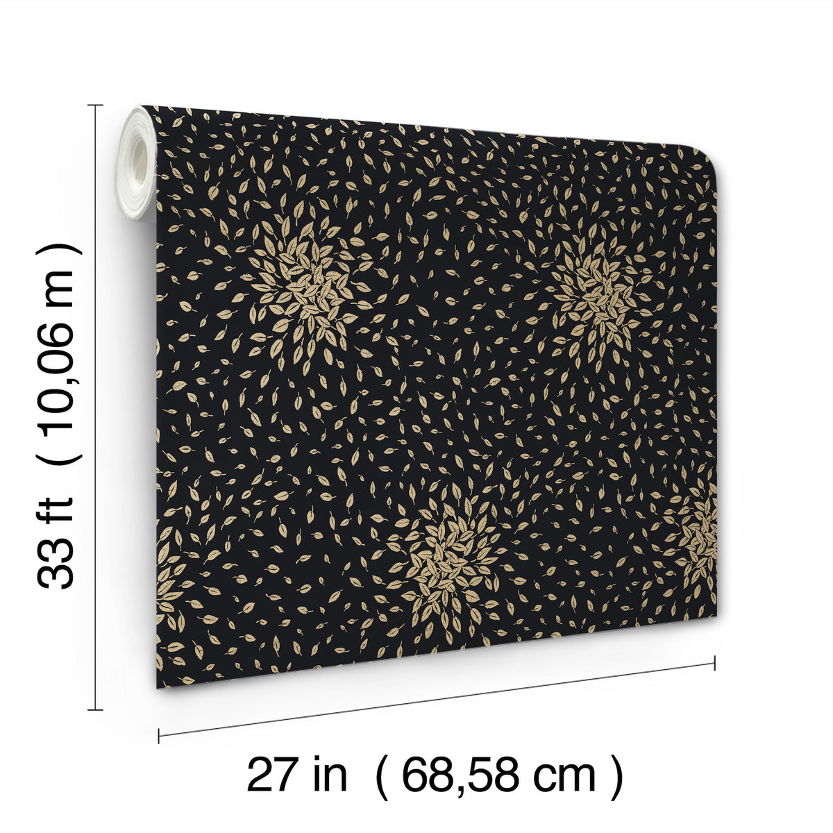 The Petite Leaves Wallpaper by York Wallcoverings features a gold leaf pattern on a black background and comes in rolls measuring 33 ft (10.06 m) long and 27 in (68.58 cm) wide.