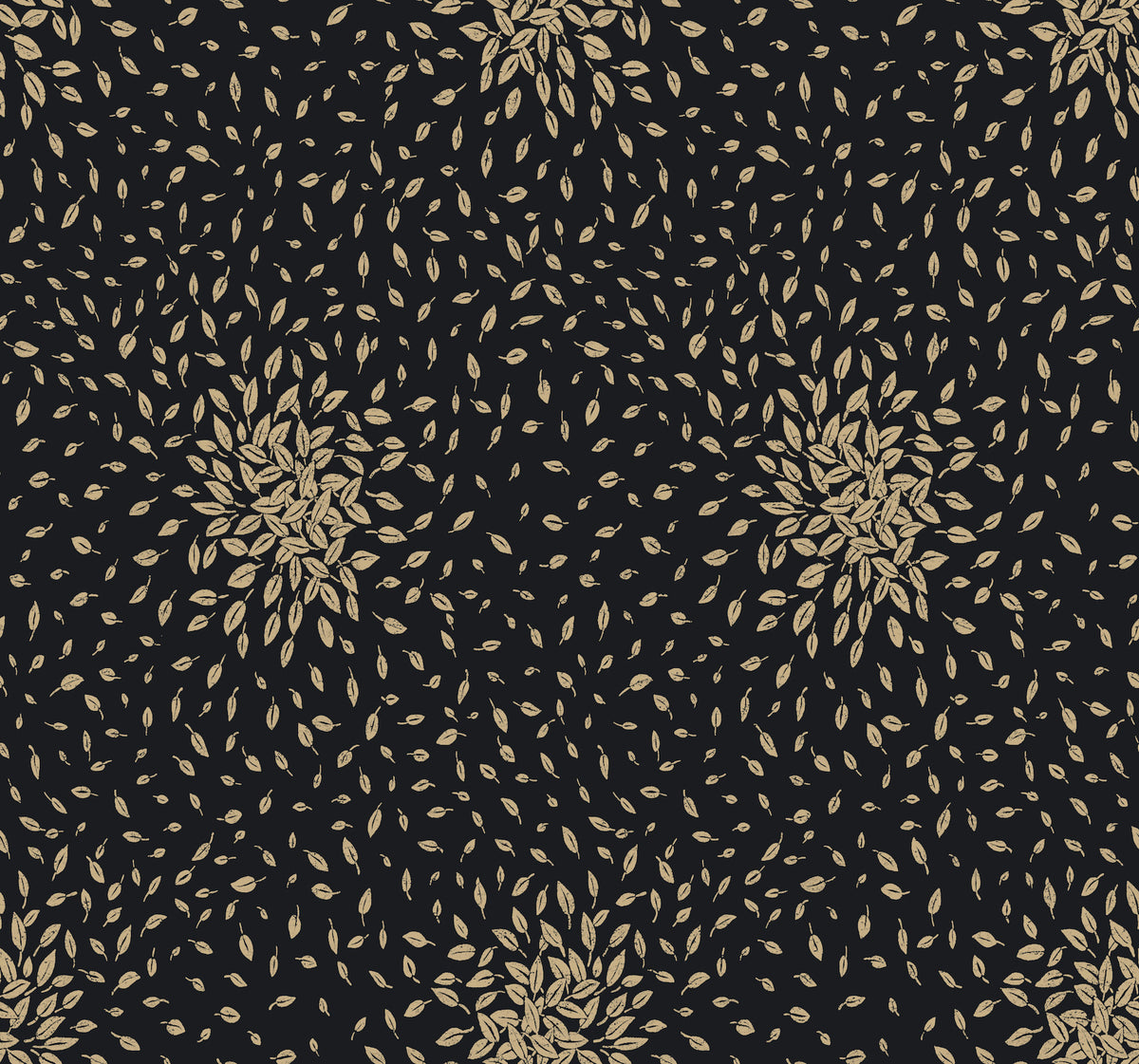 Petite Leaves Wallpaper by York Wallcoverings features a seamless pattern of small, light brown leaves arranged in circular shapes on a dark background, creating an elegant, repetitive, and symmetrical floral design.