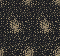 Petite Leaves Wallpaper by York Wallcoverings features a seamless pattern of small, light brown leaves arranged in circular shapes on a dark background, creating an elegant, repetitive, and symmetrical floral design.