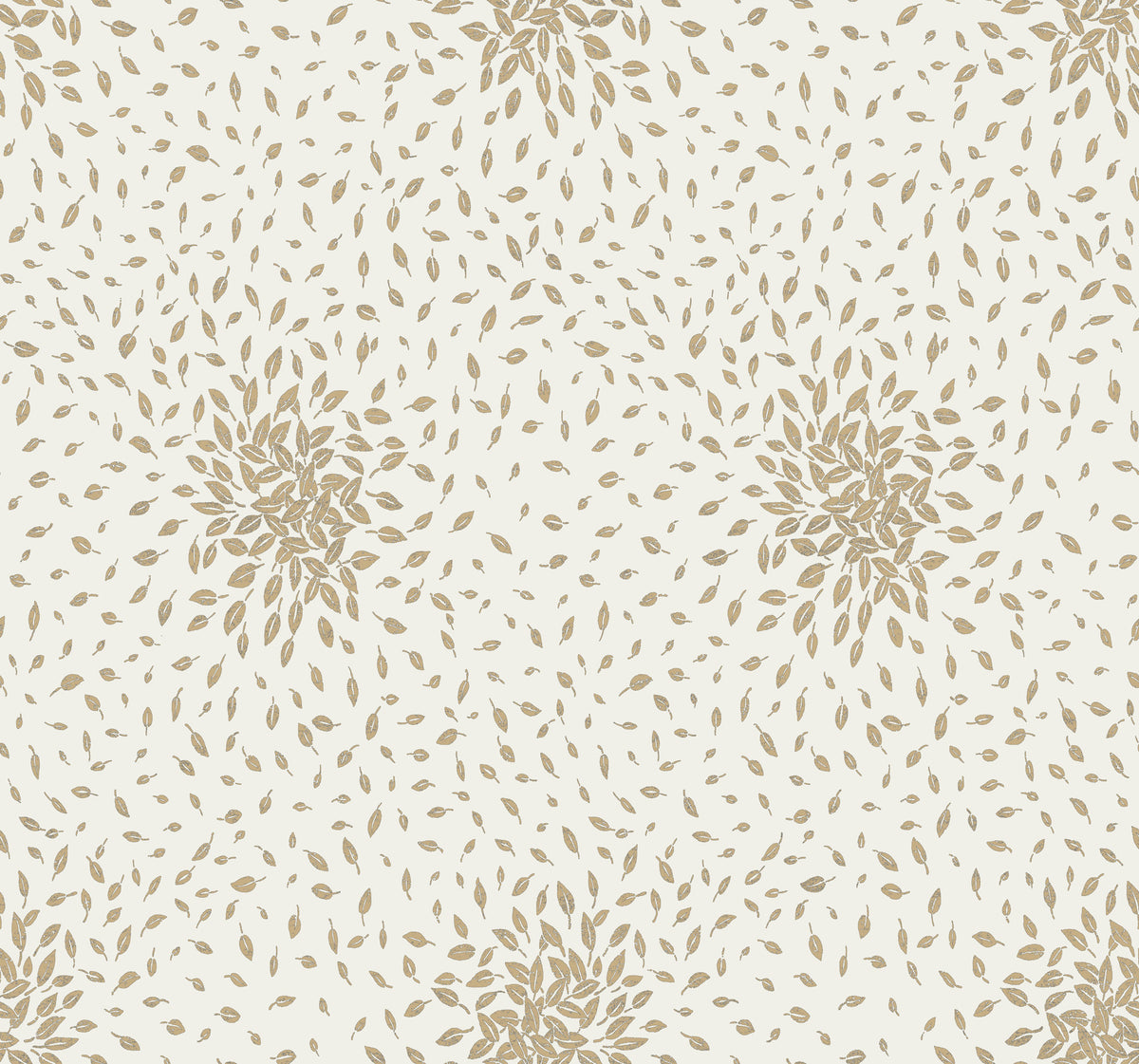 Petite Leaves Wallpaper by York Wallcoverings features a seamless pattern of small, brown, leaf-like shapes arranged in circular clusters against a light beige background. The evenly repeating leaf clusters create a subtle and elegant design.