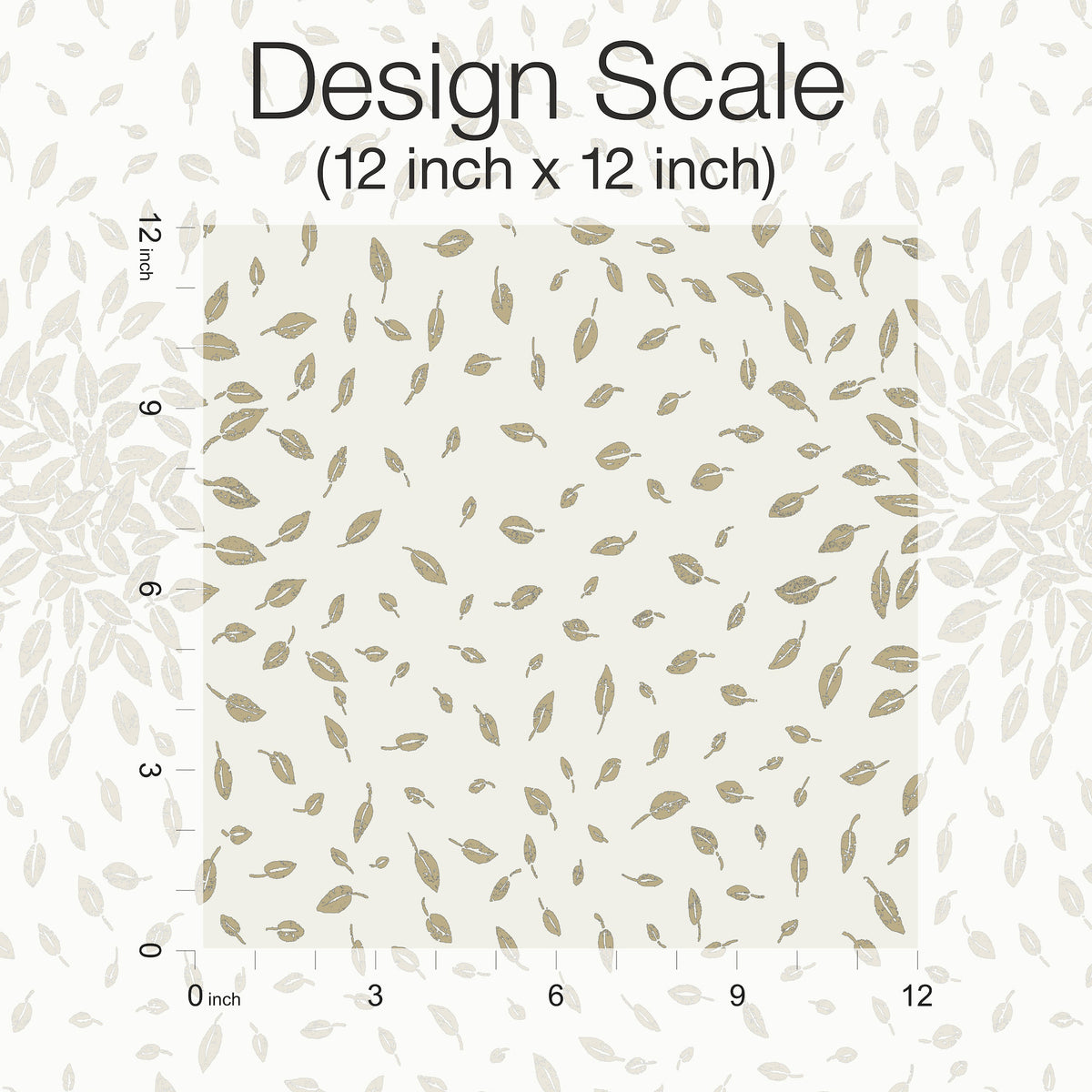 Square swatch of York Wallcoverings’ Petite Leaves Wallpaper, featuring a repeating leaf pattern in beige and brown on a cream background. Grid lines and labels indicate a 12 inch by 12 inch design scale, with “Design Scale (12 inch x 12 inch)” text at the top.