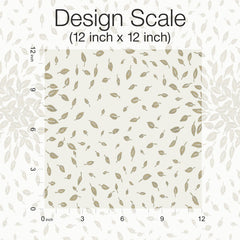 Square swatch of York Wallcoverings’ Petite Leaves Wallpaper, featuring a repeating leaf pattern in beige and brown on a cream background. Grid lines and labels indicate a 12 inch by 12 inch design scale, with “Design Scale (12 inch x 12 inch)” text at the top.