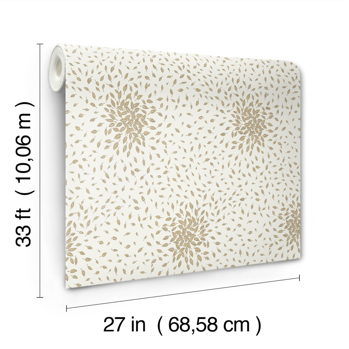 Petite Leaves Wallpaper by York Wallcoverings features a floral leaf pattern in beige and white. The roll measures 33 feet (10.06 meters) long and 27 inches (68.58 cm) wide.