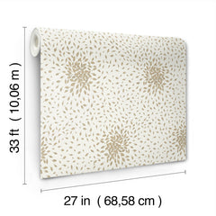 Petite Leaves Wallpaper by York Wallcoverings features a floral leaf pattern in beige and white. The roll measures 33 feet (10.06 meters) long and 27 inches (68.58 cm) wide.