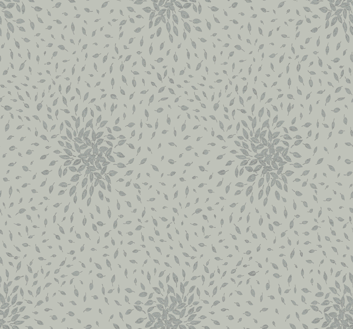 Petite Leaves Wallpaper by York Wallcoverings features a light grey pattern composed of petite, leaf-shaped motifs grouped in circular clusters against an off-white background, forming a repeating and symmetrical floral design.