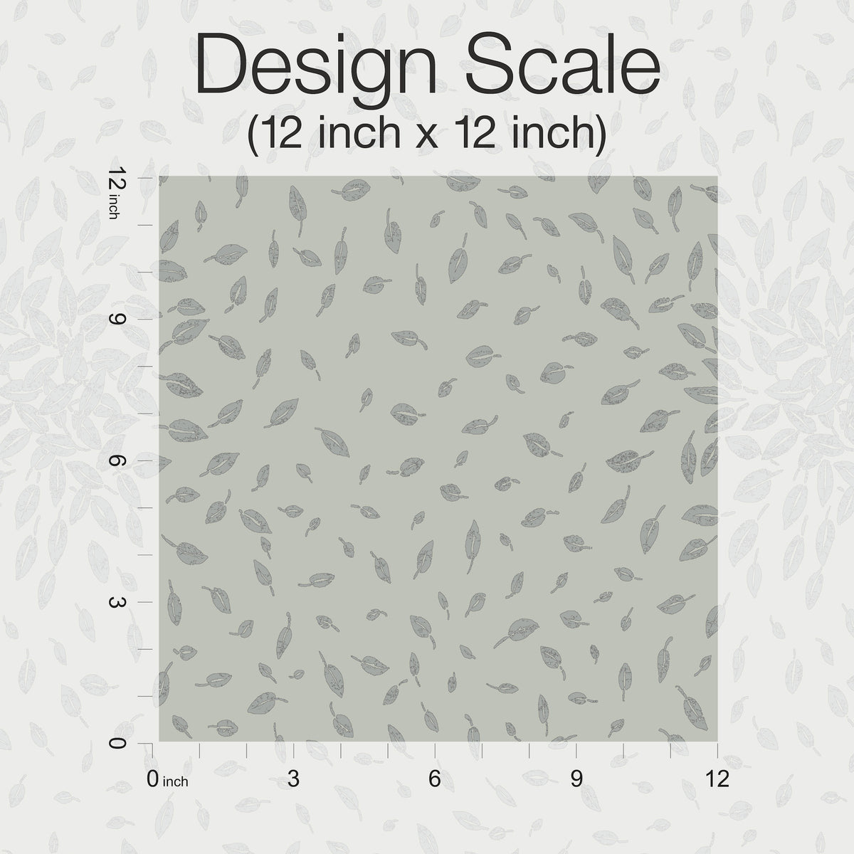 A 12x12 inch square displays a repeating leaf pattern from the Petite Leaves Wallpaper by York Wallcoverings. Axes on the left and bottom edges are marked in inches from 0 to 12, and the title at the top reads Design Scale (12 inch x 12 inch).