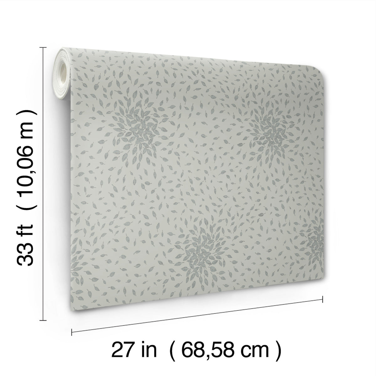 A roll of Petite Leaves Wallpaper by York Wallcoverings, featuring a subtle floral pattern and measuring 33 feet (10.06 m) in length and 27 inches (68.58 cm) in width, is displayed on a white background.