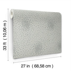 A roll of Petite Leaves Wallpaper by York Wallcoverings, featuring a subtle floral pattern and measuring 33 feet (10.06 m) in length and 27 inches (68.58 cm) in width, is displayed on a white background.