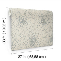York Wallcoverings Petite Leaves Wallpaper features a gray floral leaf pattern on a cream background and comes in rolls measuring 33 feet (10.06 meters) long and 27 inches (68.58 centimeters) wide.