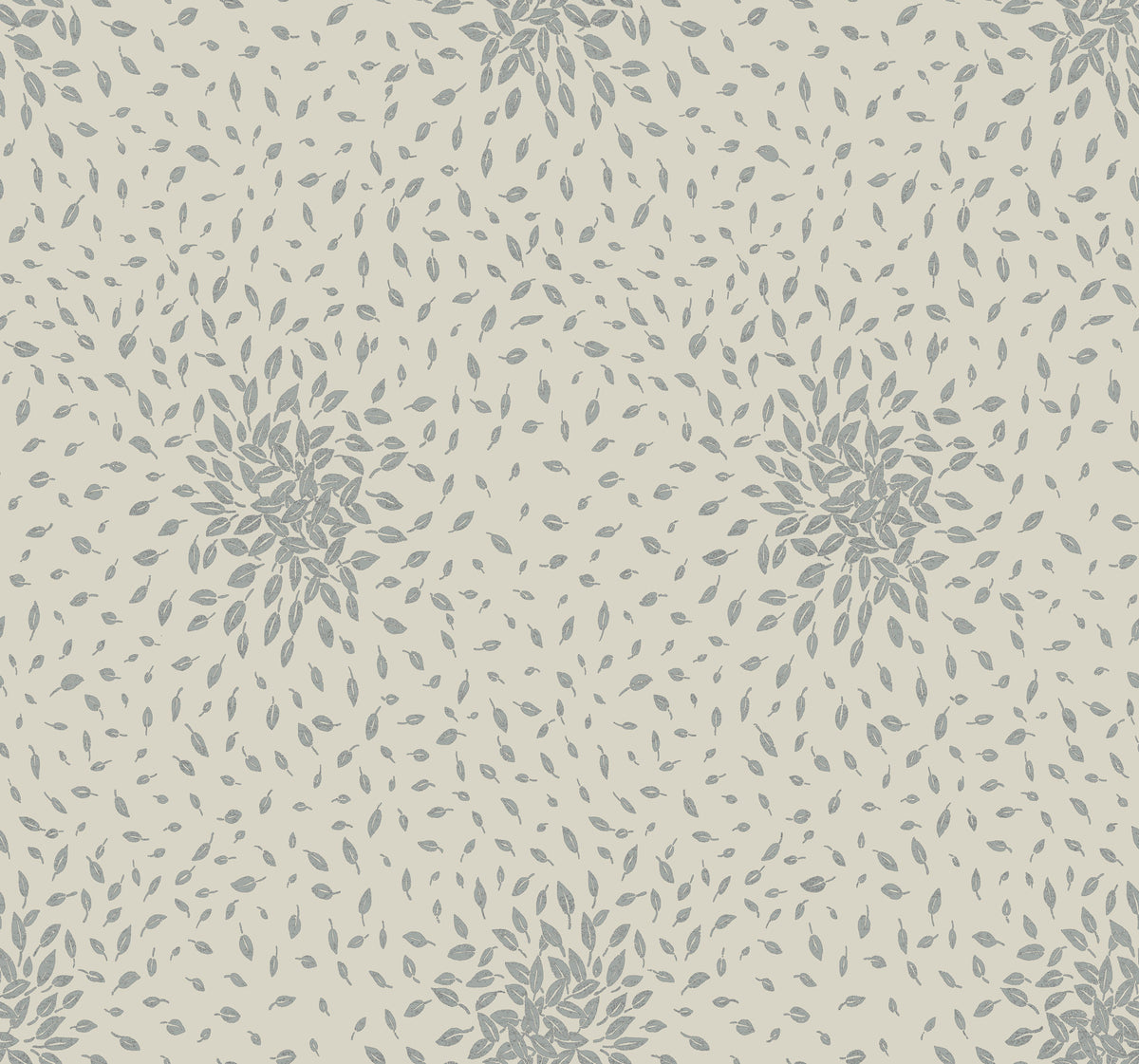 Petite Leaves Wallpaper by York Wallcoverings features a seamless pattern of small gray leaves arranged in circular, swirling clusters on a light beige background, creating a soft, repetitive, and decorative botanical design.