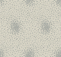 Petite Leaves Wallpaper by York Wallcoverings features a seamless pattern of small gray leaves arranged in circular, swirling clusters on a light beige background, creating a soft, repetitive, and decorative botanical design.