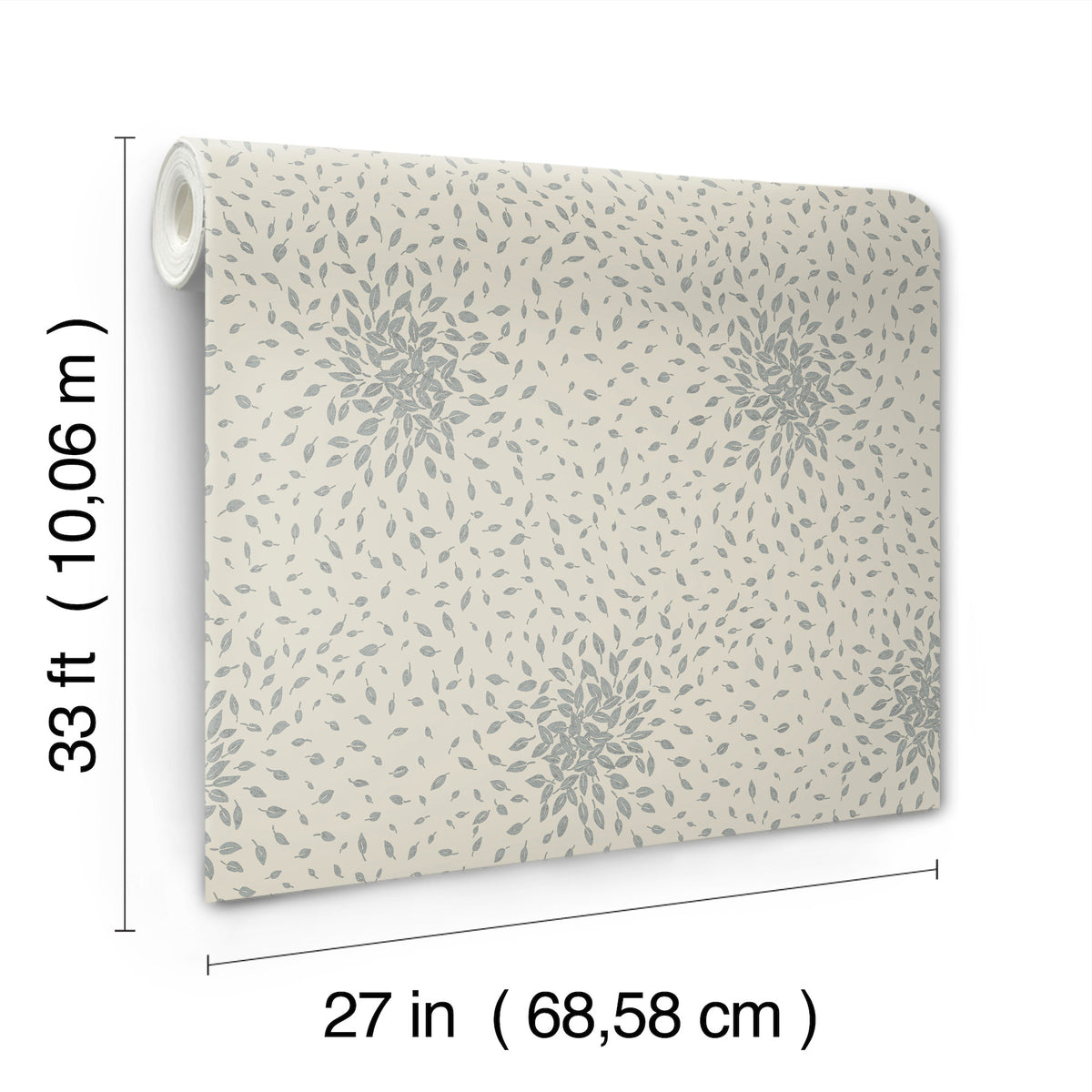 A roll of “Petite Leaves Wallpaper” by York Wallcoverings features a gray leafy pattern on a cream background. The wallpaper measures 33 feet (10.06 m) in length and 27 inches (68.58 cm) in width, as shown with measurement lines.