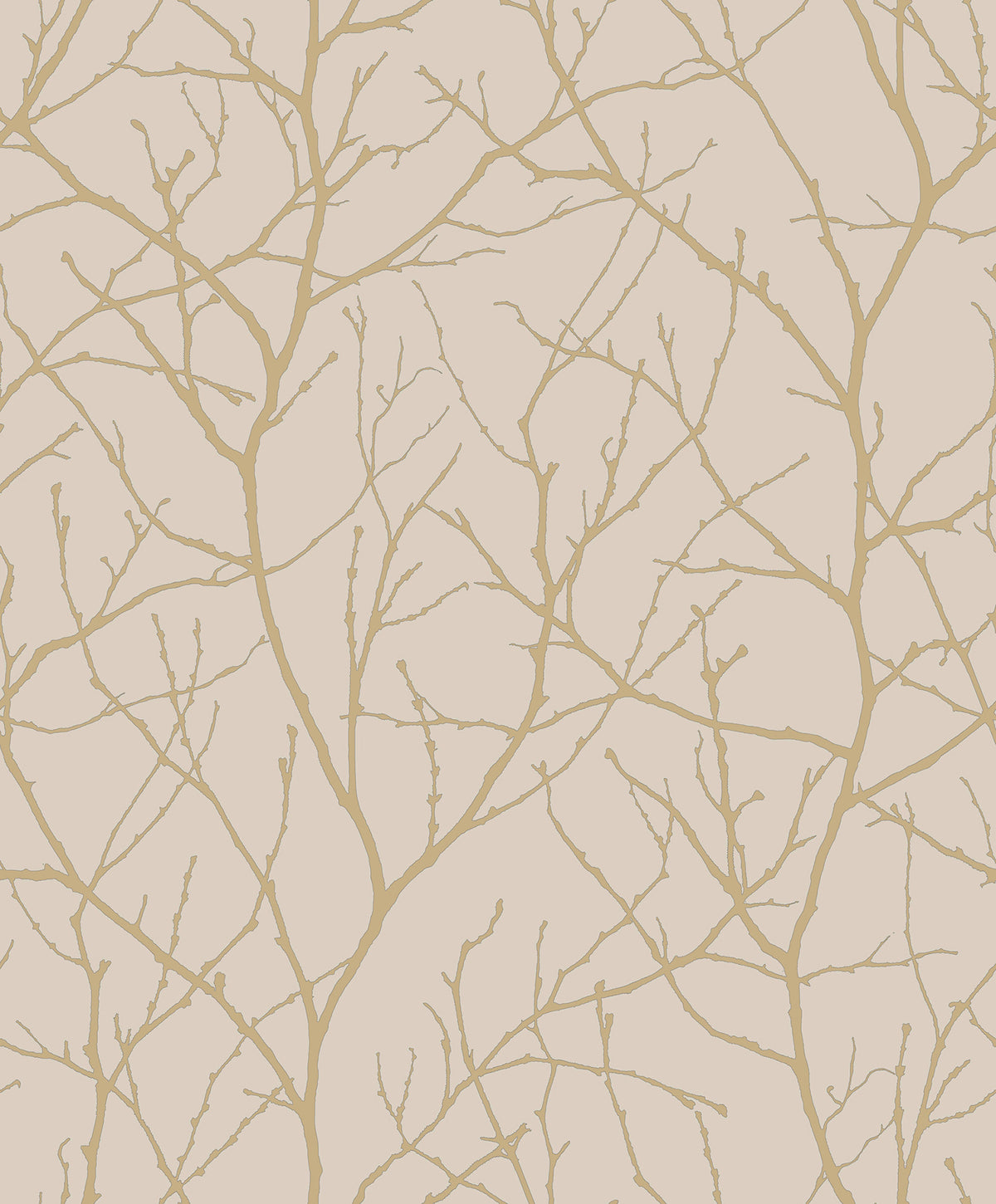 York Wallcoverings’ Trees Silhouette Wallpaper features a beige background adorned with a repeating pattern of thin, light brown tree branches, creating an organic and natural design. The branches are bare, without any leaves or buds.