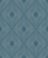 The Harlowe Wallpaper by York Wallcoverings features a blue and white geometric pattern with diamond shapes and radiating lines that create an optical illusion. The symmetrical design repeats seamlessly across the surface.