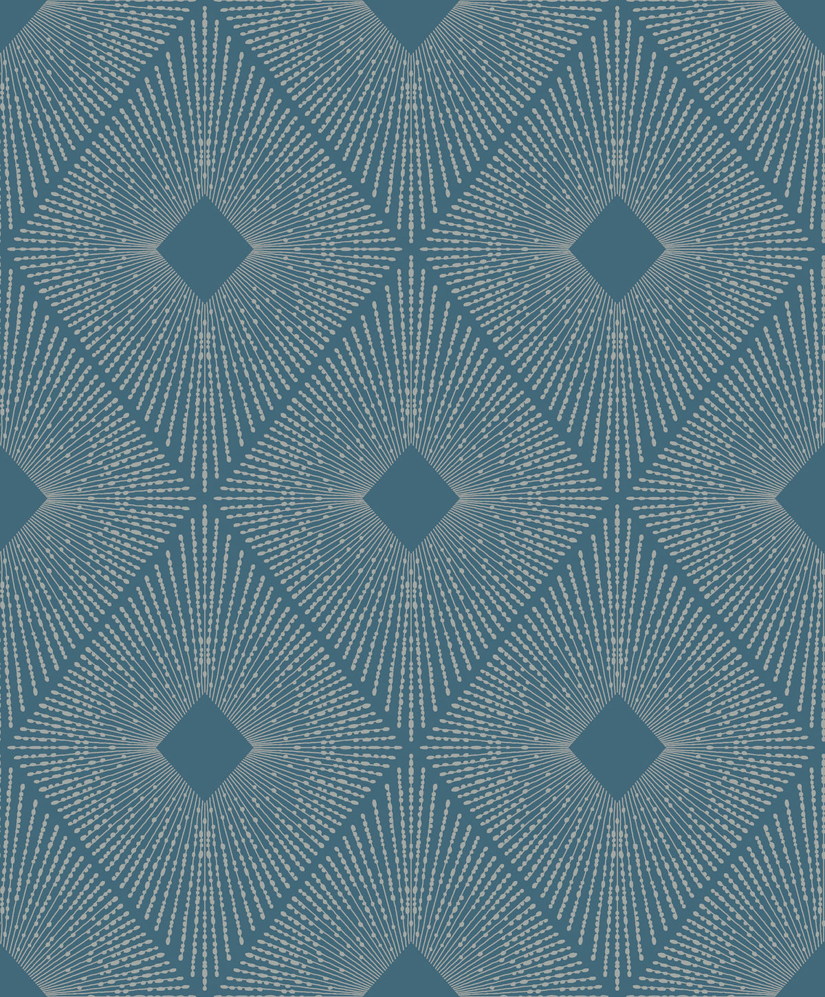 Harlowe Wallpaper by York Wallcoverings features a seamless, repeating grid of white dashed lines forming geometric diamond shapes with deep blue centers, all set against a blue background.