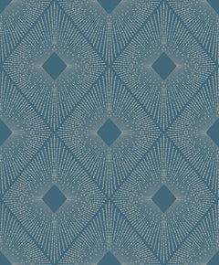 Harlowe Wallpaper by York Wallcoverings features a seamless, repeating grid of white dashed lines forming geometric diamond shapes with deep blue centers, all set against a blue background.