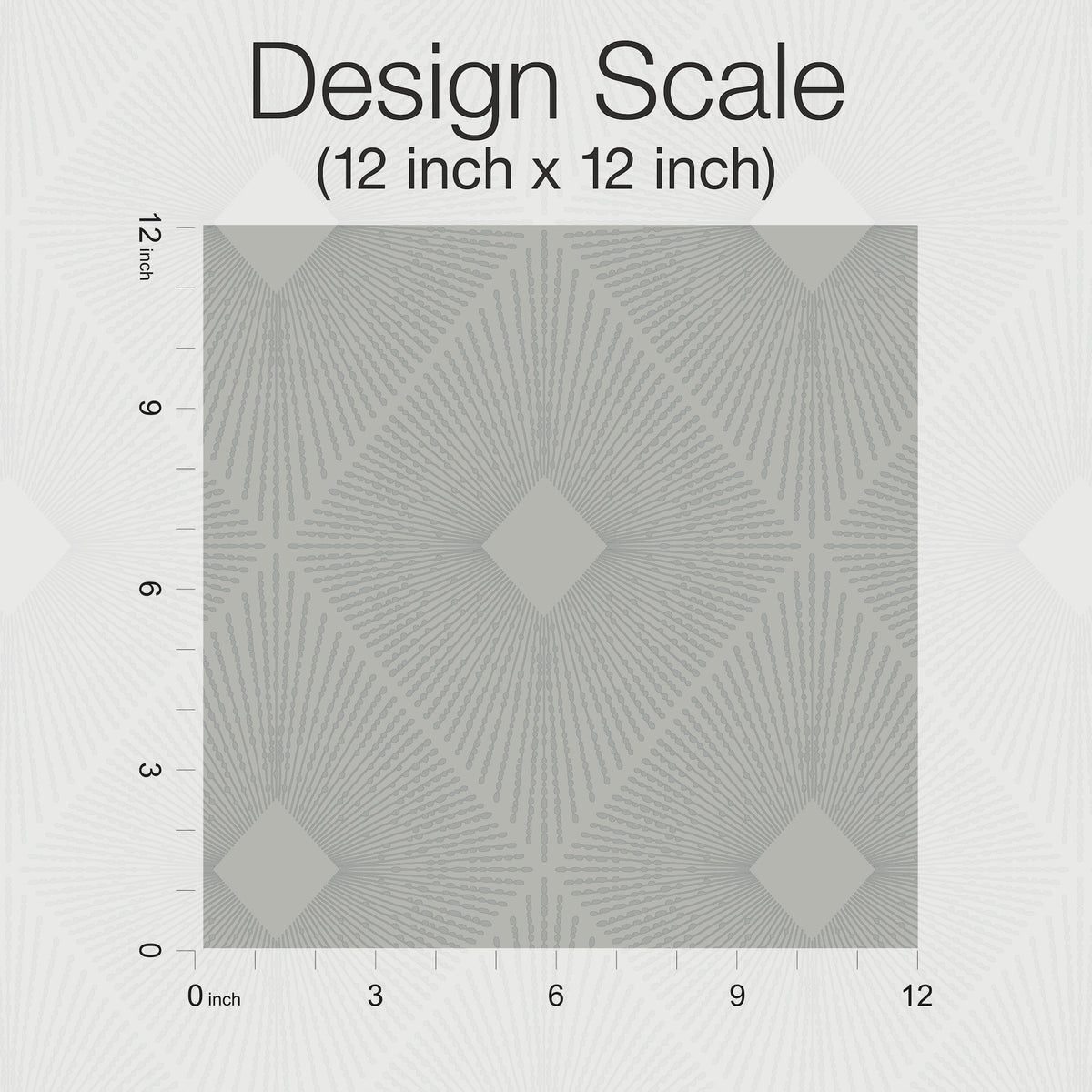 A 12x12 inch square sample of Harlowe Wallpaper by York Wallcoverings displays a geometric pattern with radiating lines and diamond shapes. Ruler scales are visible on the left and bottom edges. Text reads: Design Scale (12 inch x 12 inch).