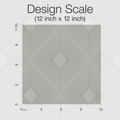 The Harlowe Wallpaper by York Wallcoverings features a 12x12 inch square design with geometric radiating gray lines and diamond shapes, complemented by a scale marked from 0 to 12 inches along the top and left edges.