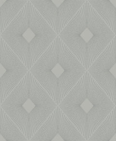 The Harlowe Wallpaper by York Wallcoverings features a geometric diamond pattern created by slender, radiating gray lines on a white background, resulting in a repeating optical illusion effect.