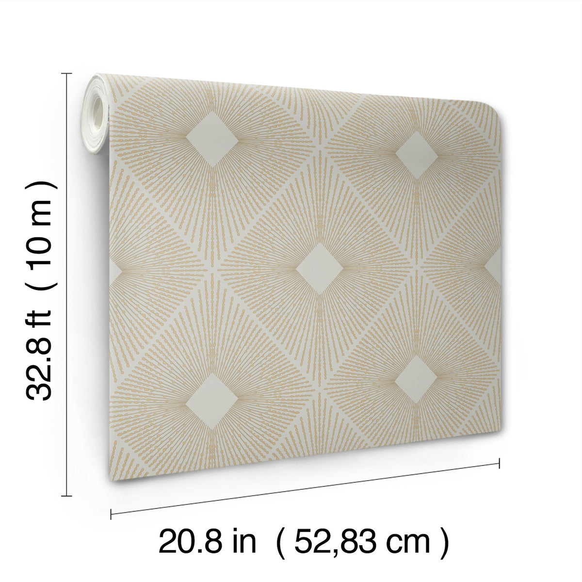Harlowe Wallpaper by York Wallcoverings features gold geometric designs and comes in a roll measuring 32.8 ft (10 m) long and 20.8 in (52.83 cm) wide.