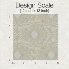 A 12x12 inch square of Harlowe Wallpaper by York Wallcoverings, featuring a geometric pattern of gold lines radiating from four diamond shapes, displayed on a grid with inch markers along the left and bottom edges. “Design Scale” text appears at the top.