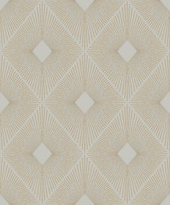 Harlowe Wallpaper by York Wallcoverings features a geometric design with tan lines radiating from diamond-shaped centers, creating a repeating diamond grid on a white background.