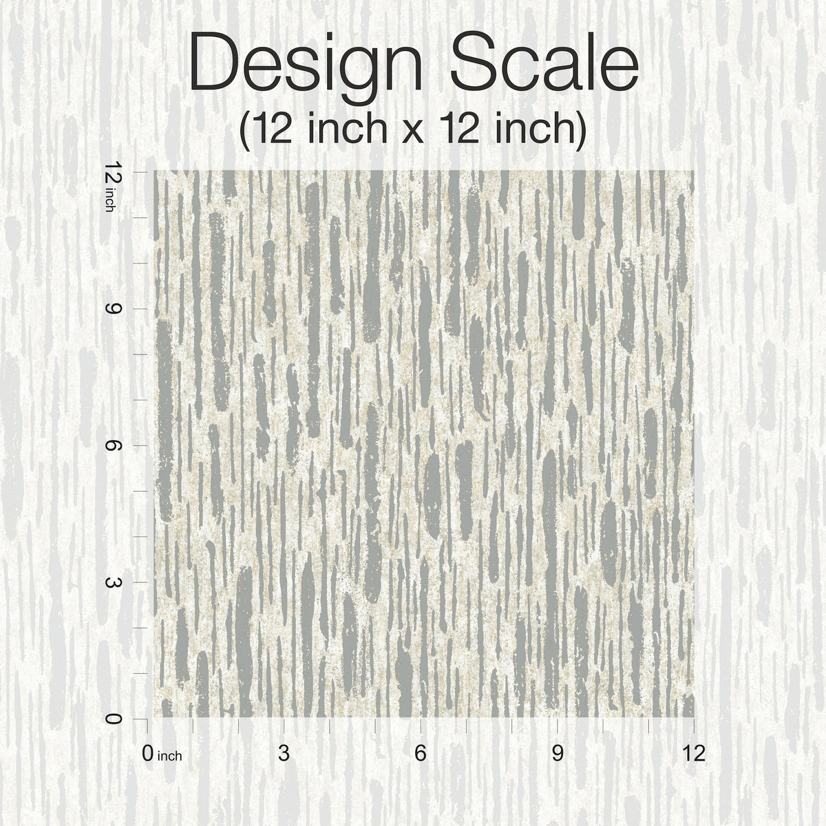 A 12x12 inch square featuring the Metallic Cascade Wallpaper by York Wallcoverings is centered on a matching background, displaying a beige and gray abstract vertical stripe pattern. “Design Scale (12 inch x 12 inch)” is written above, and horizontal and vertical inch rulers frame the square.