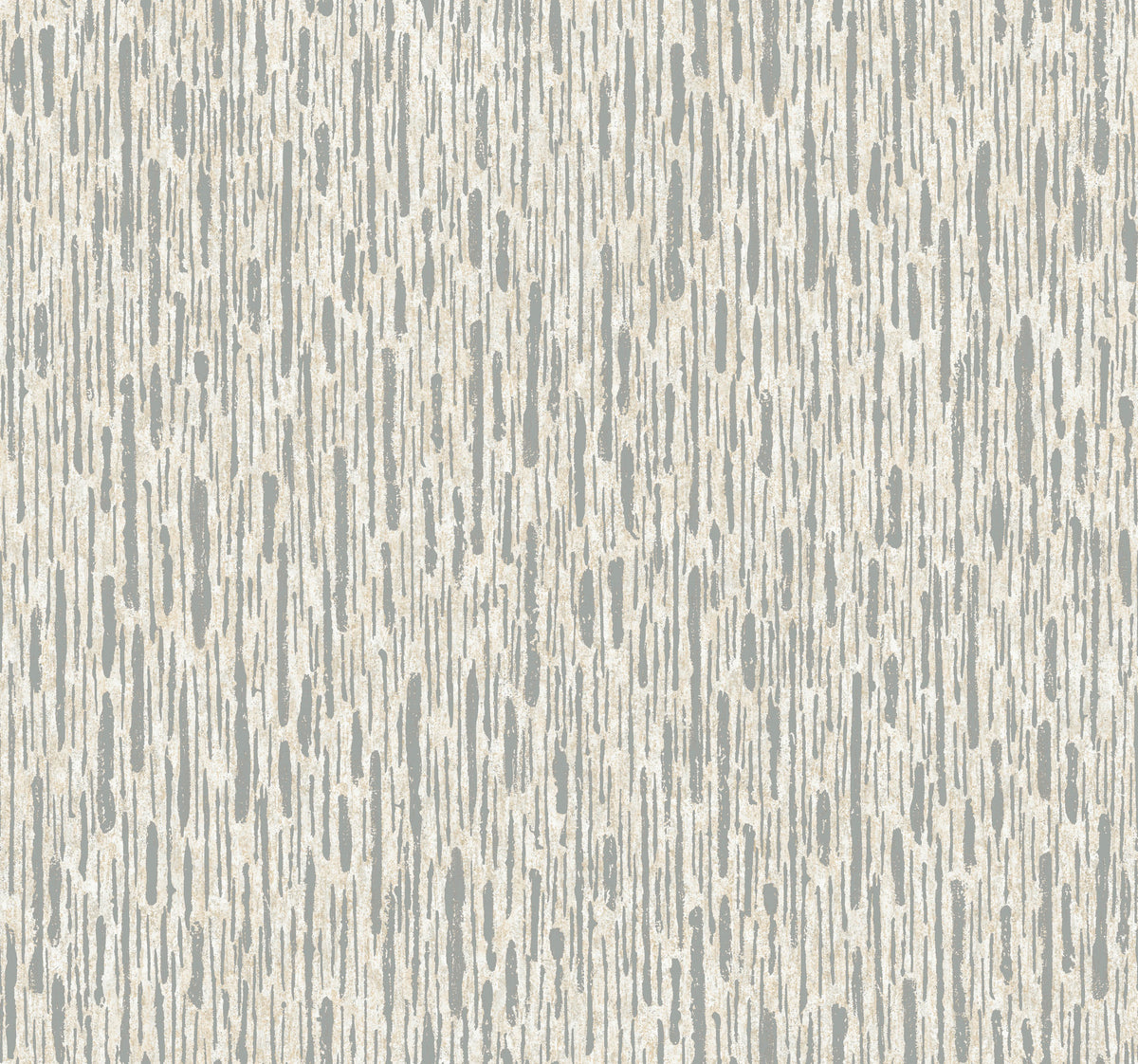 Metallic Cascade Wallpaper by York Wallcoverings features an abstract pattern of vertical, irregular beige lines on a light gray background, evocative of dripping paint or textured wood grain. The design repeats uniformly across the entire surface.