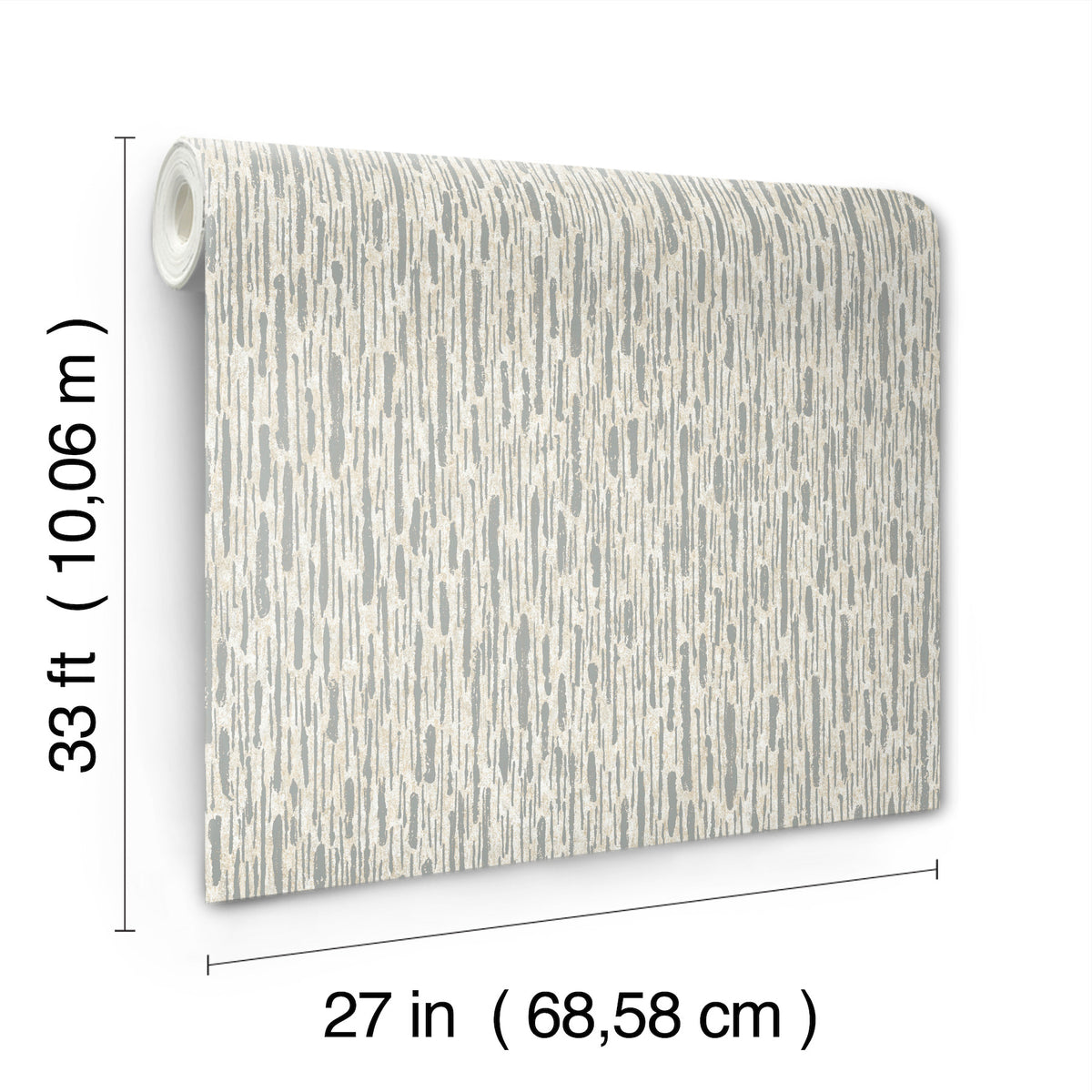 Metallic Cascade Wallpaper by York Wallcoverings, featuring a gray and white abstract pattern, is shown standing upright with dimensions labeled—33 feet (10.06 meters) in length and 27 inches (68.58 cm) in width.