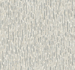 Metallic Cascade Wallpaper by York Wallcoverings features an abstract pattern of vertical, irregular beige lines on a light gray background, reminiscent of drips or streaks. This design offers a textured, contemporary aesthetic that is perfect for modern interiors.