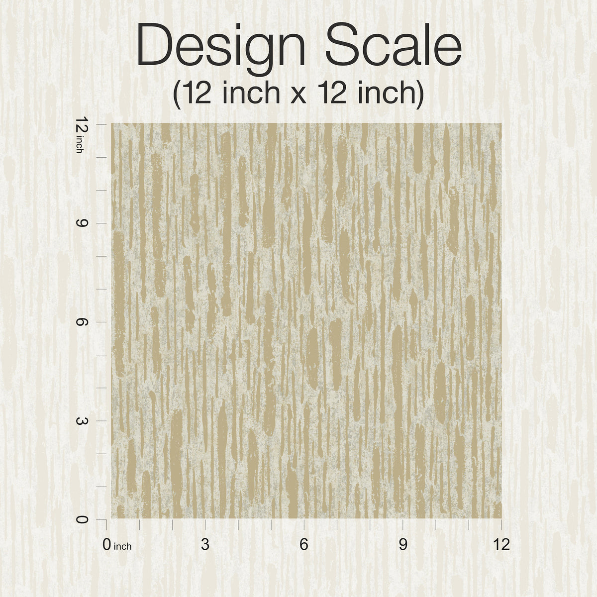 A 12x12 inch square sample of York Wallcoverings’ Metallic Cascade Wallpaper features a beige and gray textured pattern with vertical streaks. The background displays a similar, but lighter texture. Vertical and horizontal rulers along the edges show inch measurements from 0 to 12.