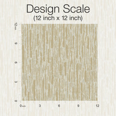 A 12x12 inch square sample of York Wallcoverings’ Metallic Cascade Wallpaper features a beige and gray textured pattern with vertical streaks. The background displays a similar, but lighter texture. Vertical and horizontal rulers along the edges show inch measurements from 0 to 12.