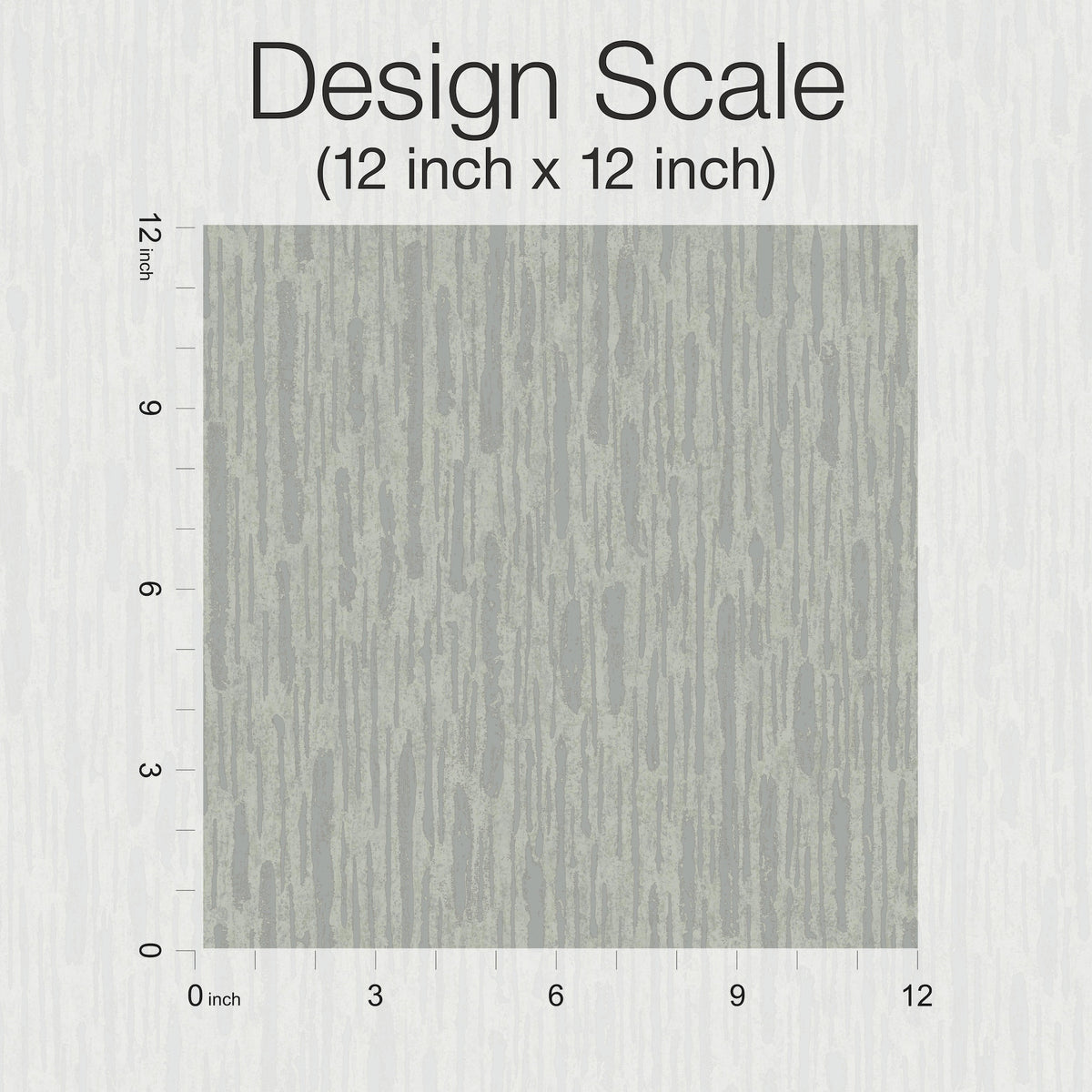 Square sample of vertical gray textured lines from Metallic Cascade Wallpaper by York Wallcoverings, labeled Design Scale (12 inch x 12 inch) with a ruler on the left and bottom edges showing inches from 0 to 12. Pattern resembles wood grain.